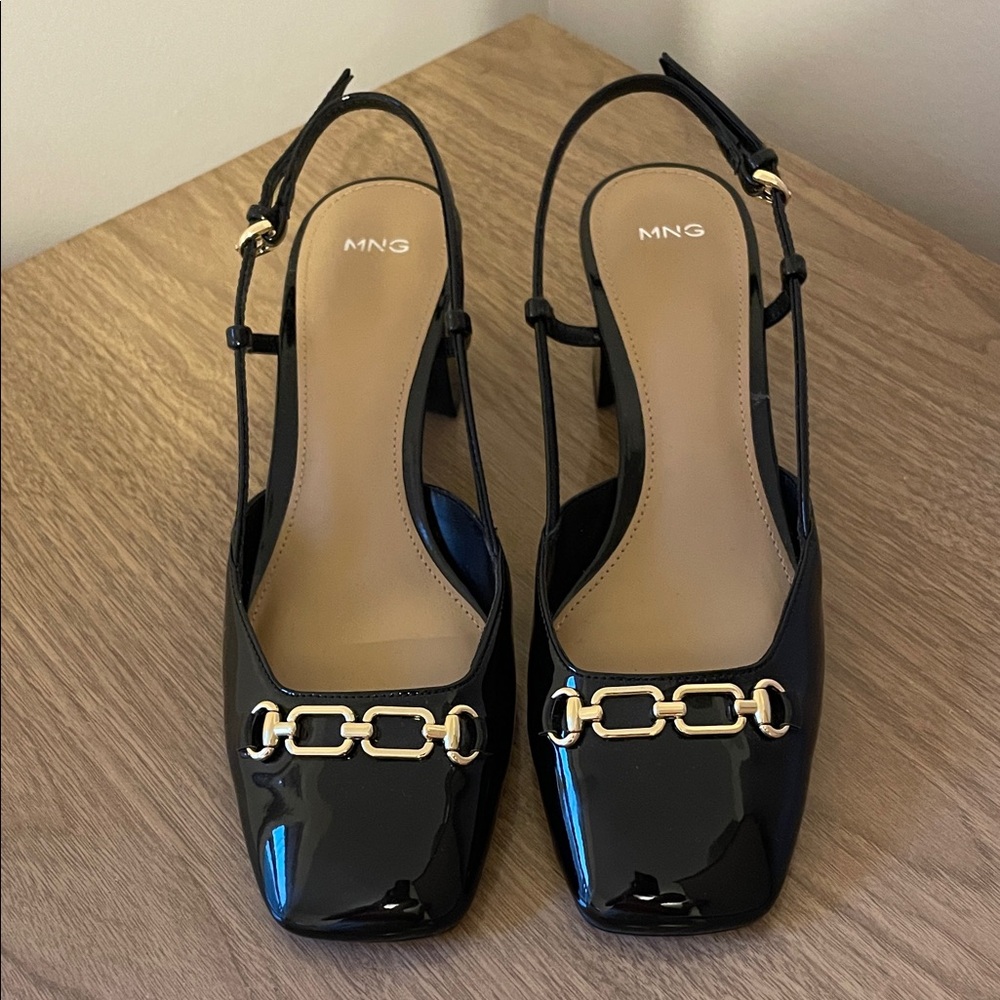 Mango Glossy Black Slingback Heels with Gold Accent